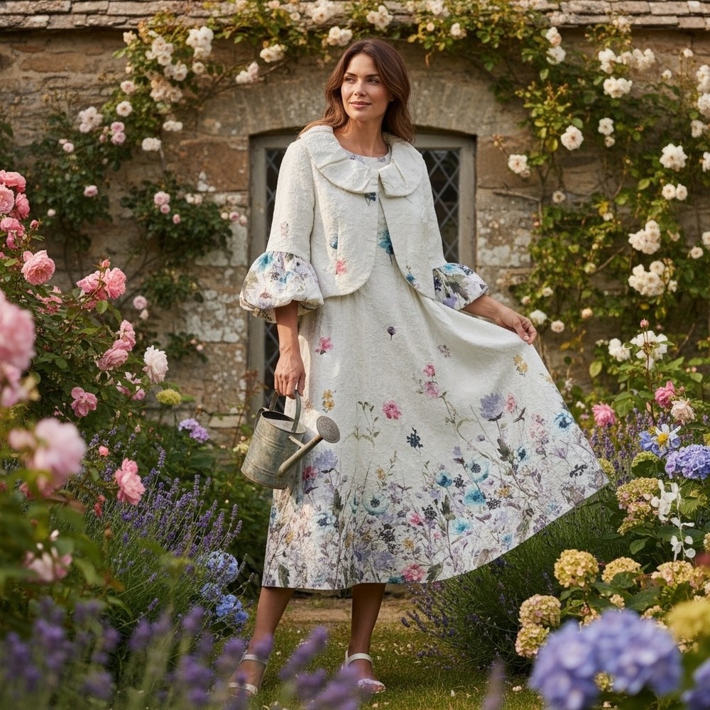 Dresses‎ by Nubiano Floral Jacquard Dress and Jacket Set Cream Blue Pink Size 16